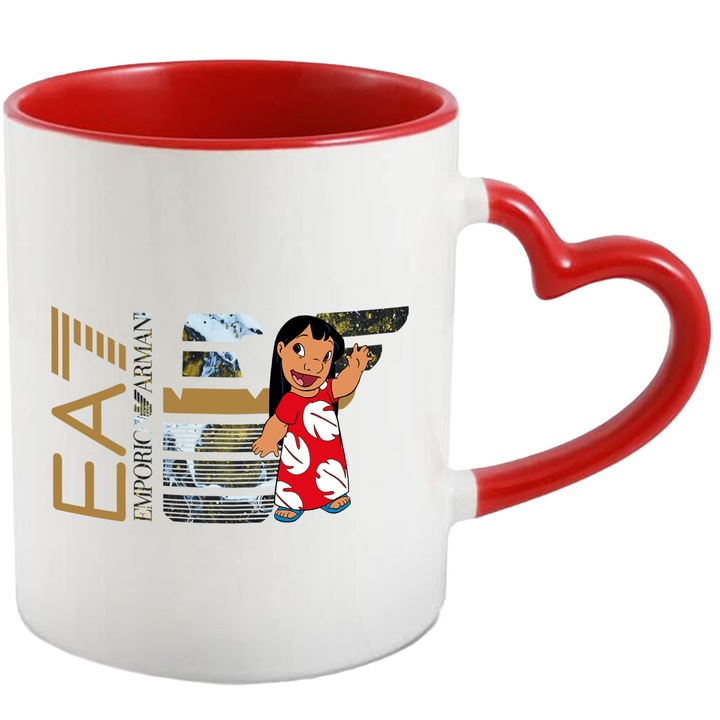 Cana Cu Stitch, Cu Textul "Emporio Armani EA" - Design 18, Ceramica, 330ML, Cu Maner Inima Rosie si Interior Rosu
