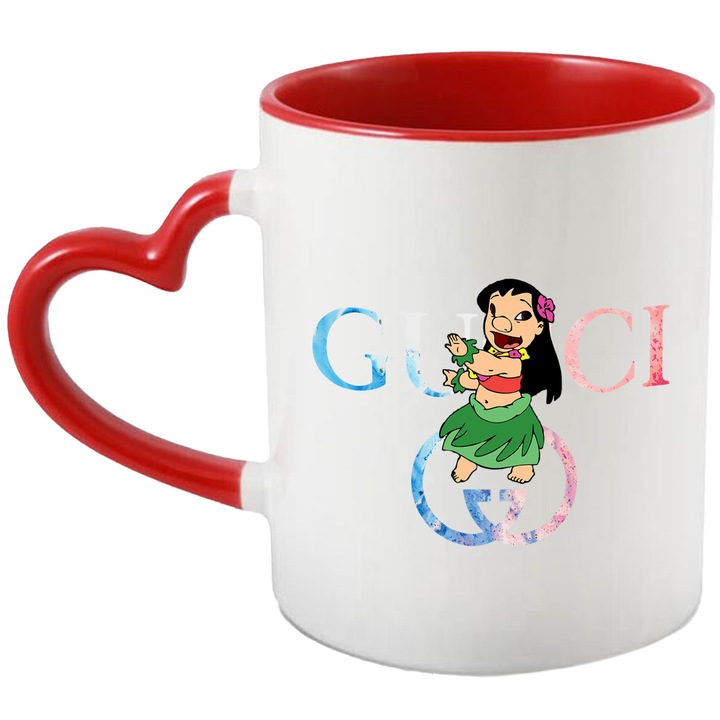 Cana Cu Stitch, Cu Textul "Gucci" - Design 20, Ceramica, 330ML, Cu Maner Inima Rosie si Interior Rosu