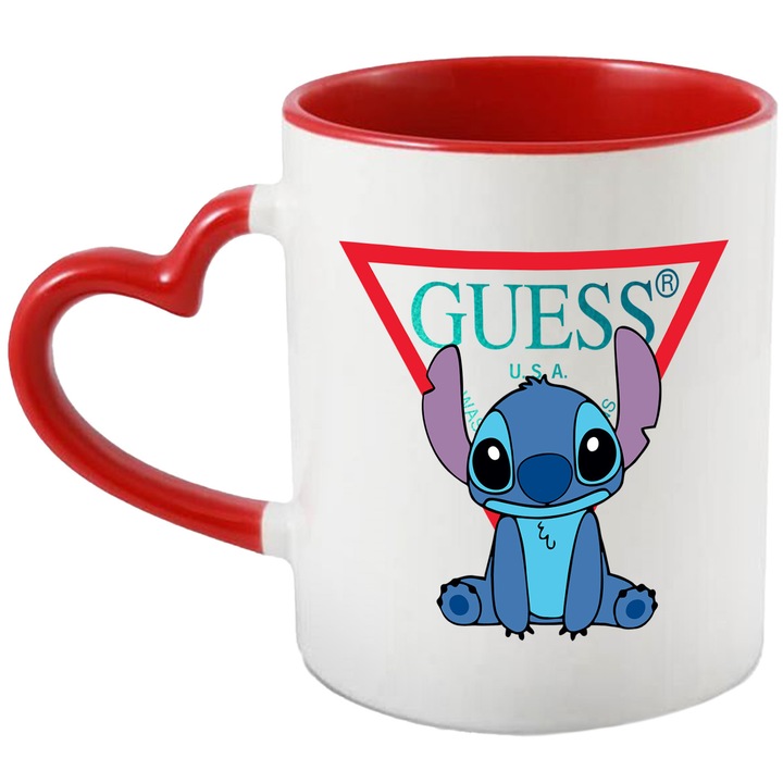 Cana Cu Stitch, Cu Textul "Guess" - Design 21, Ceramica, 330ML, Cu Maner Inima Rosie si Interior Rosu
