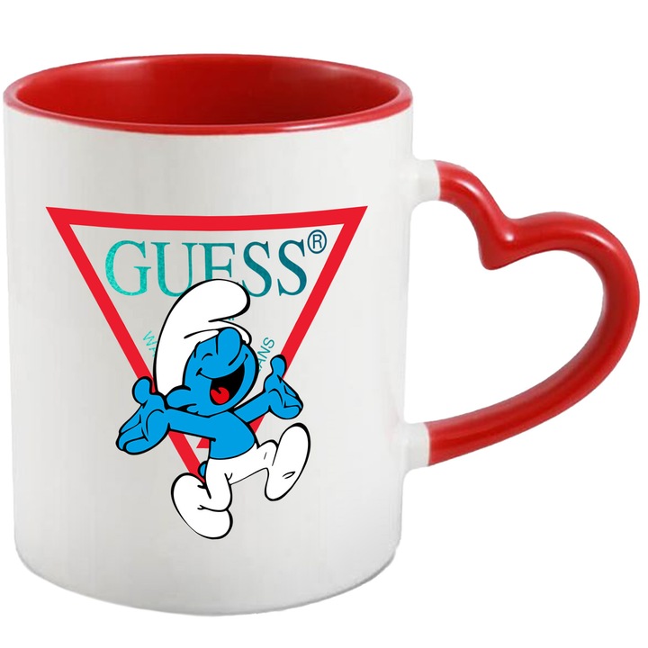 Cana Cu Strumf, Cu Textul "Guess" - Design 4, Ceramica, 330ML, Cu Maner Inima Rosie si Interior Rosu