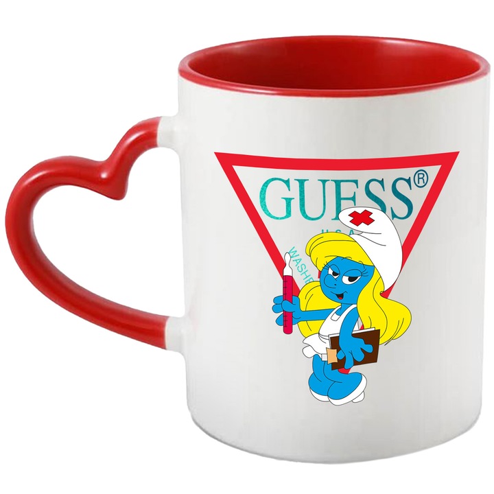 Cana Cu Strumf, Cu Textul "Guess" - Design 8, Ceramica, 330ML, Cu Maner Inima Rosie si Interior Rosu
