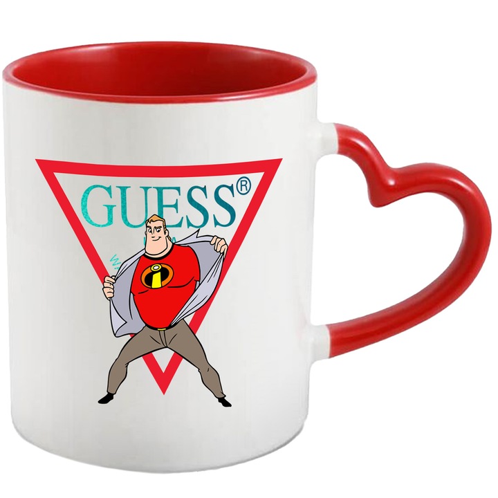 Cana Cu The Incredibles, Cu Textul "Guess" - Design 2, Ceramica, 330ML, Cu Maner Inima Rosie si Interior Rosu