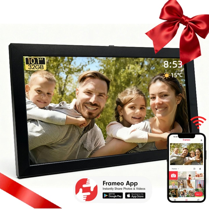 WIFI дигитална фоторамка, 10 инча, тъчскрийн 800x1280 HD IPS, приложение Frameo, USB Type C, SD карта, снимки/видео, високоговорител 2W*2, RAM 1GB, памет 32 GB, черна