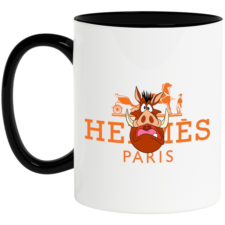 Cana Cu Timo si Pumba, Cu Textul "Hermes Paris" - Design 2, Ceramica, 330ML, Cu Maner si Interior Negru