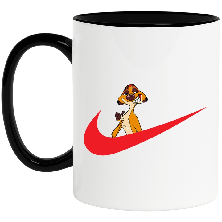 Cana Cu Timo si Pumba, Cu Textul "Nike" - Design 5, Ceramica, 330ML, Cu Maner si Interior Negru
