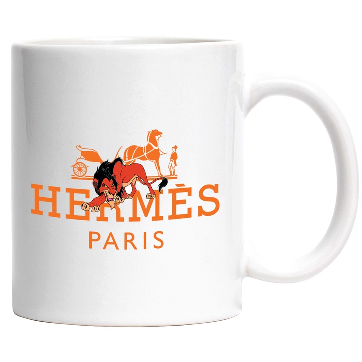 Cana Cu Timo si Pumba, Cu Textul "Hermes Paris" - Design 6, Ceramica, 330ML, Cu Maner si Interior Alb