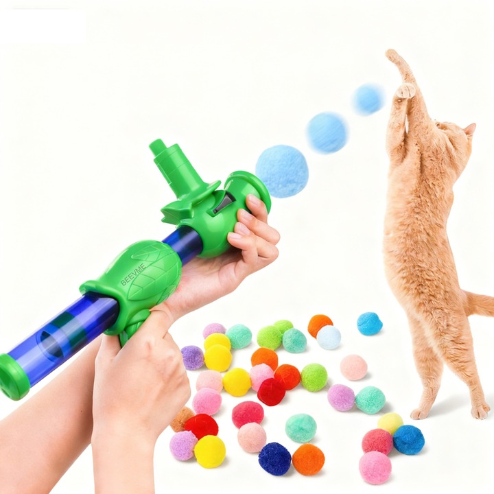 Interaktív macskajáték, BEEVME, kilövő pisztoly készlet 20 bolyhos labdával, többszínű, 25x11cm