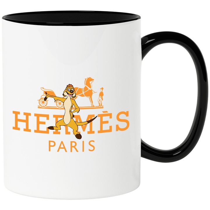 Cana Cu Timo si Pumba, Cu Textul "Hermes Paris" - Design 9, Ceramica, 330ML, Cu Maner si Interior Negru
