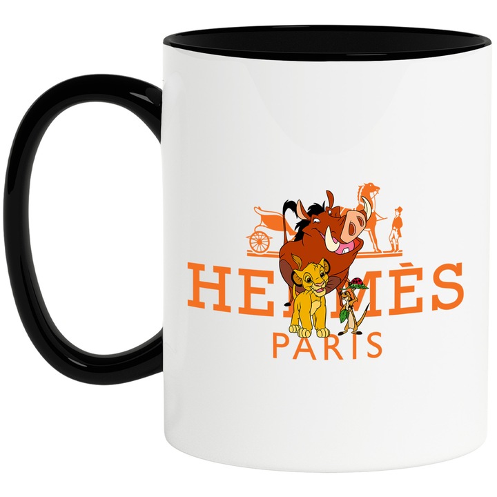 Cana Cu Timo si Pumba, Cu Textul "Hermes Paris" - Design 10, Ceramica, 330ML, Cu Maner si Interior Negru