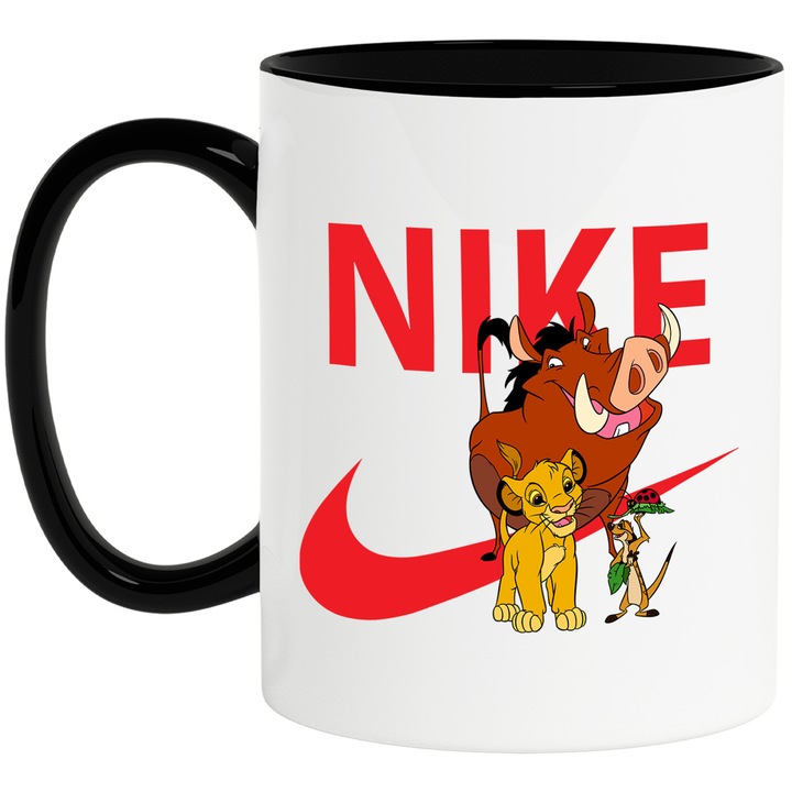 Cana Cu Timo si Pumba, Cu Textul "Nike" - Design 10, Ceramica, 330ML, Cu Maner si Interior Negru