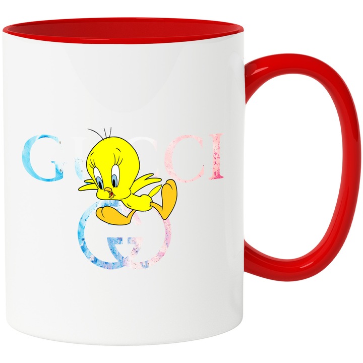 Cana Cu Tweety, Cu Textul "Gucci" - Design 1, Ceramica, 330ML, Cu Maner si Interior Rosu