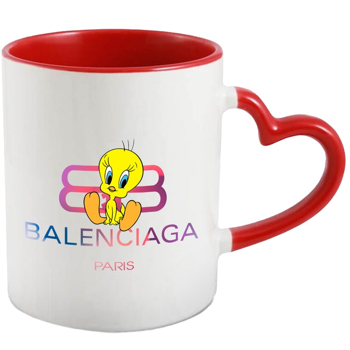 Cana Cu Tweety, Cu Textul "Balenciaga Paris" - Design 3, Ceramica, 330ML, Cu Maner Inima Rosie si Interior Rosu