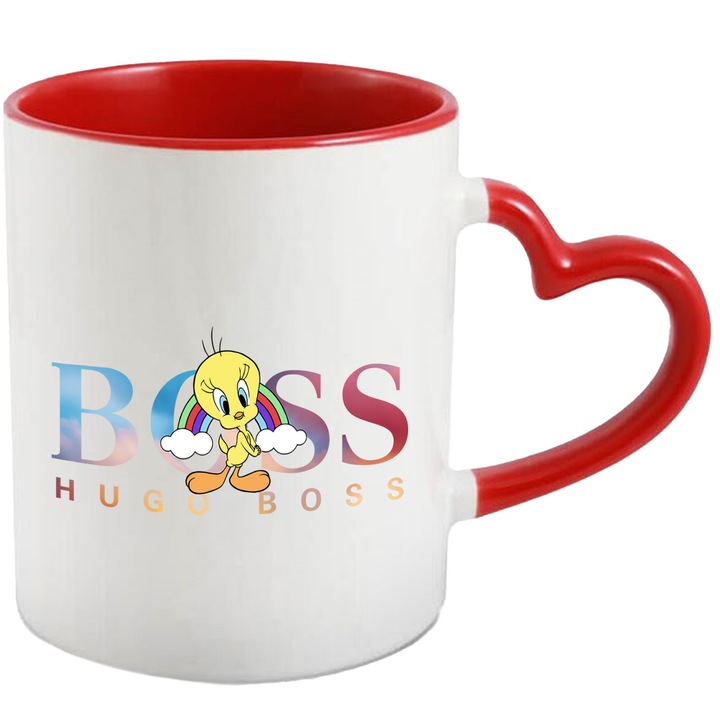 Cana Cu Tweety, Cu Textul "Hugo Boss" - Design 4, Ceramica, 330ML, Cu Maner Inima Rosie si Interior Rosu