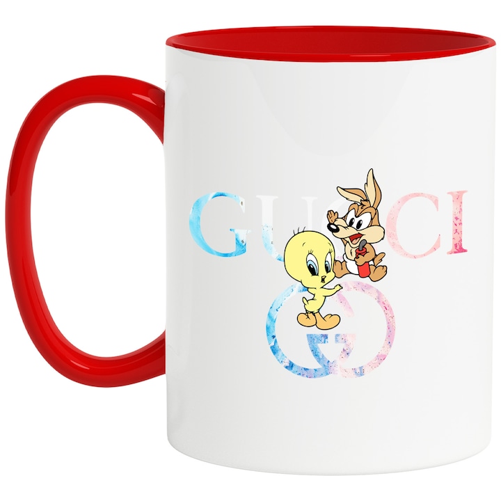 Cana Cu Tweety, Cu Textul "Gucci" - Design 5, Ceramica, 330ML, Cu Maner si Interior Rosu