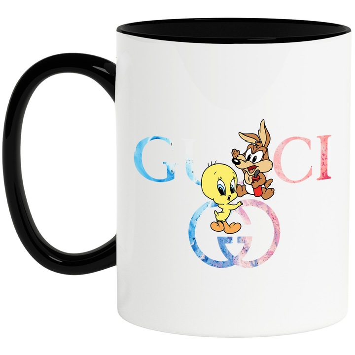 Cana Cu Tweety, Cu Textul "Gucci" - Design 5, Ceramica, 330ML, Cu Maner si Interior Negru