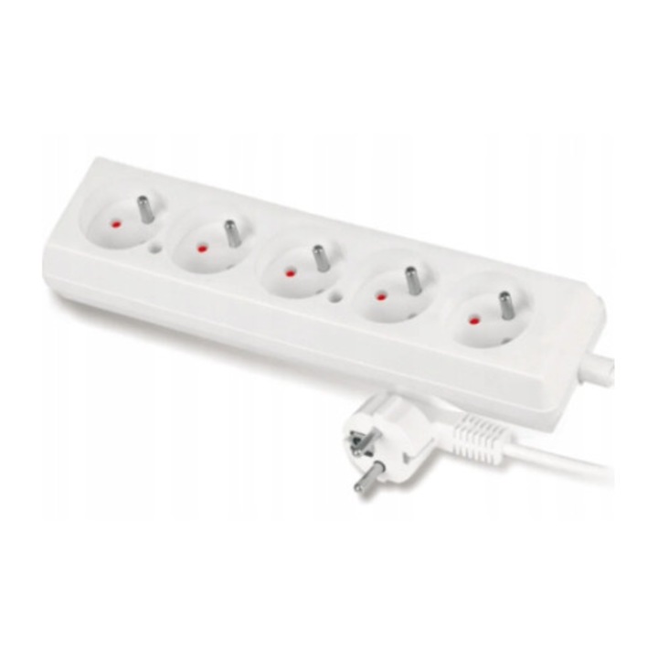 Prelungitor 5 prize cu impamantare, 5m, alb, 16A, cablu 3x1.5mm
