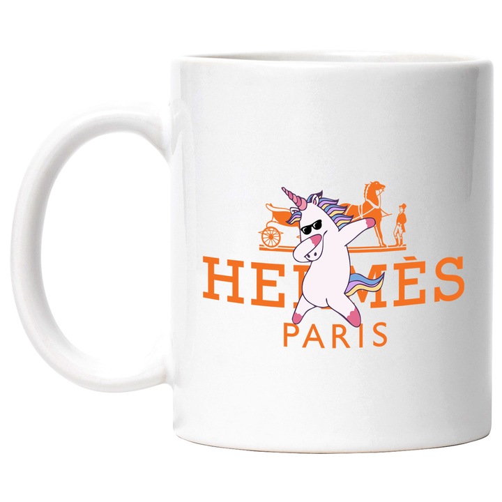 Cana Cu Unicorn, Cu Textul "Hermes Paris" - Design 2, Ceramica, 330ML, Cu Maner si Interior Alb