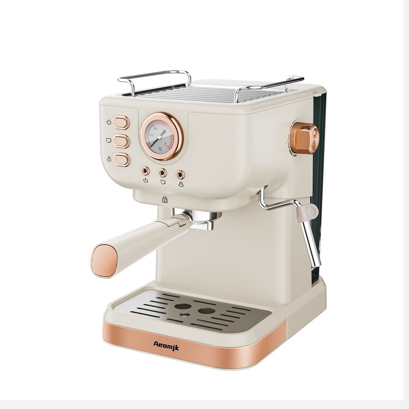Cafetiere semi-automata Aeomjk, alb cu aur roz, moduri pentru cana mica si mare, design vintage