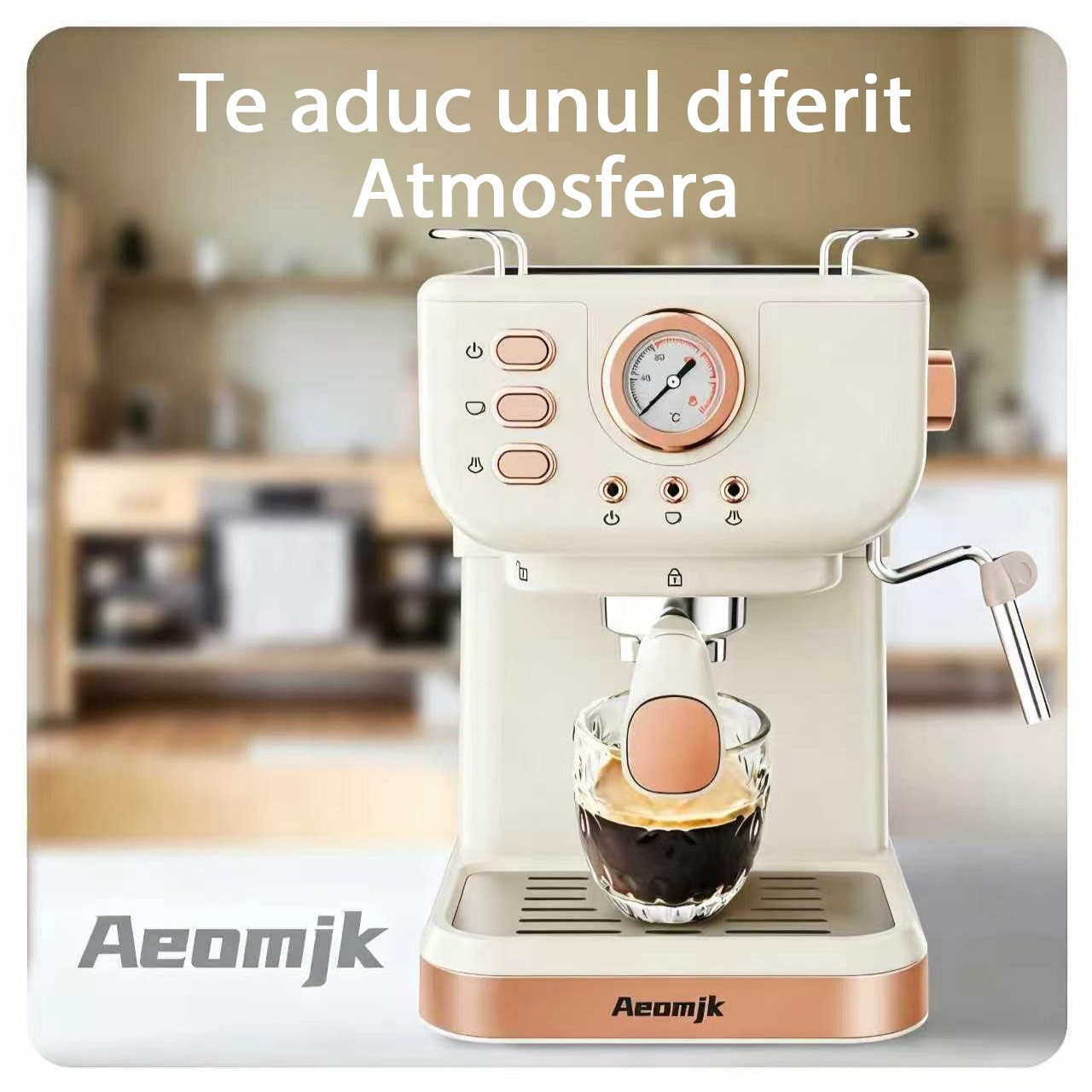 Cafetiere semi-automata Aeomjk, alb cu aur roz, moduri pentru cana mica si mare, design vintage