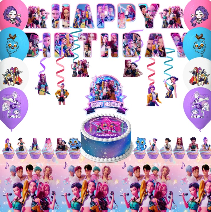 Set 33 piese Accesorii Petrecere KPop Demon Hunter, InBoxxarty, Decoratiuni Tort, Banner, Balon, Fata de Masa