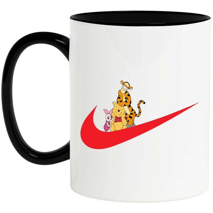Cana Cu Winnie, Cu Textul "Nike" - Design 10, Ceramica, 330ML, Cu Maner si Interior Negru
