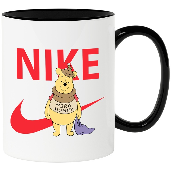 Cana Cu Winnie, Cu Textul "Nike" - Design 15, Ceramica, 330ML, Cu Maner si Interior Negru