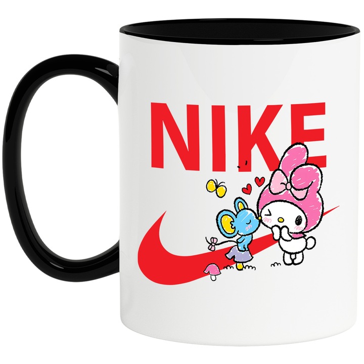 Cana Cu My melody, Cu Textul "Nike" - Design 9, Ceramica, 330ML, Cu Maner si Interior Negru
