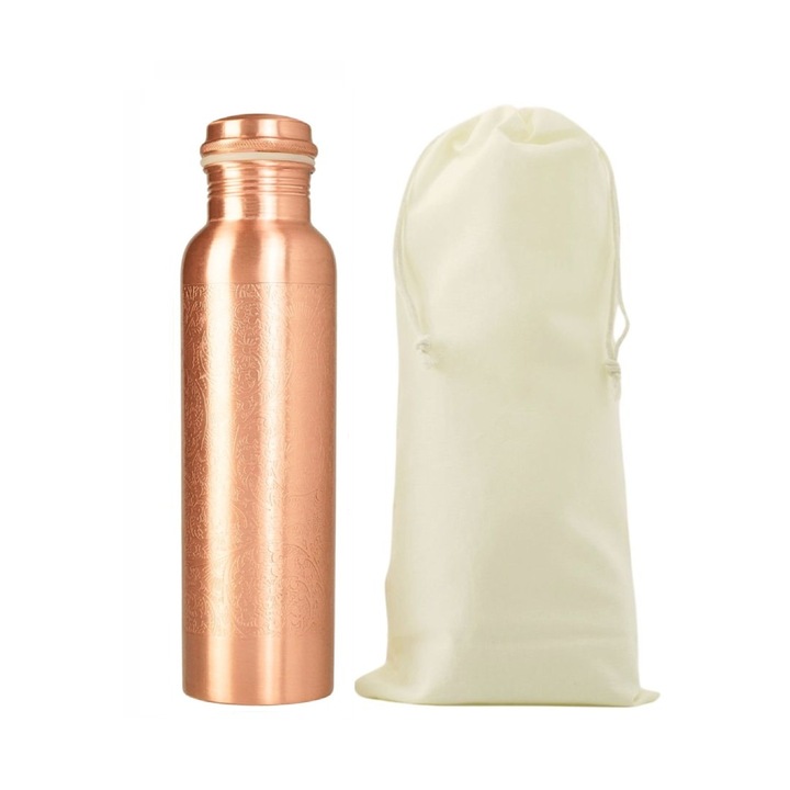 Сатенирана медна бутилка, гравирана, 950 мл, Gisane, флорален дизайн, размери 27х7см