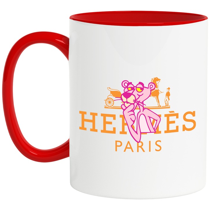 Cana Cu Pantera Roz, Cu Textul "Hermes Paris" - Design 1, Ceramica, 330ML, Cu Maner si Interior Rosu