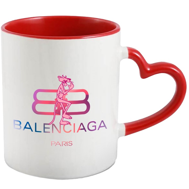 Cana Cu Pantera Roz, Cu Textul "Balenciaga Paris" - Design 3, Ceramica, 330ML, Cu Maner Inima Rosie si Interior Rosu