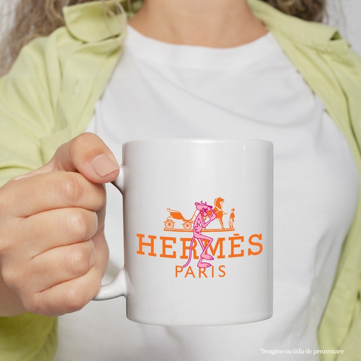 Cana Cu Pantera Roz, Cu Textul "Hermes Paris" - Design 3, Ceramica, 330ML, Cu Maner si Interior Alb