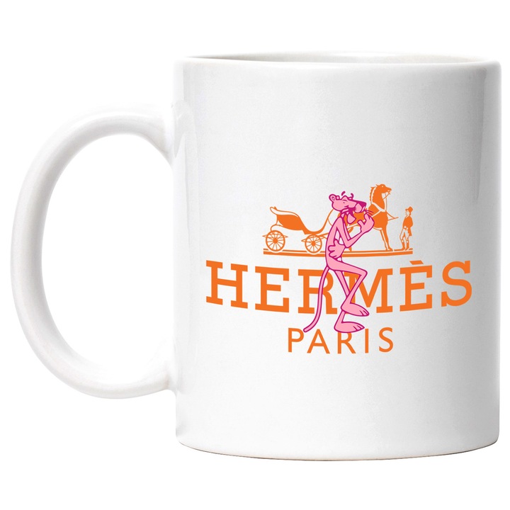 Cana Cu Pantera Roz, Cu Textul "Hermes Paris" - Design 3, Ceramica, 330ML, Cu Maner si Interior Alb