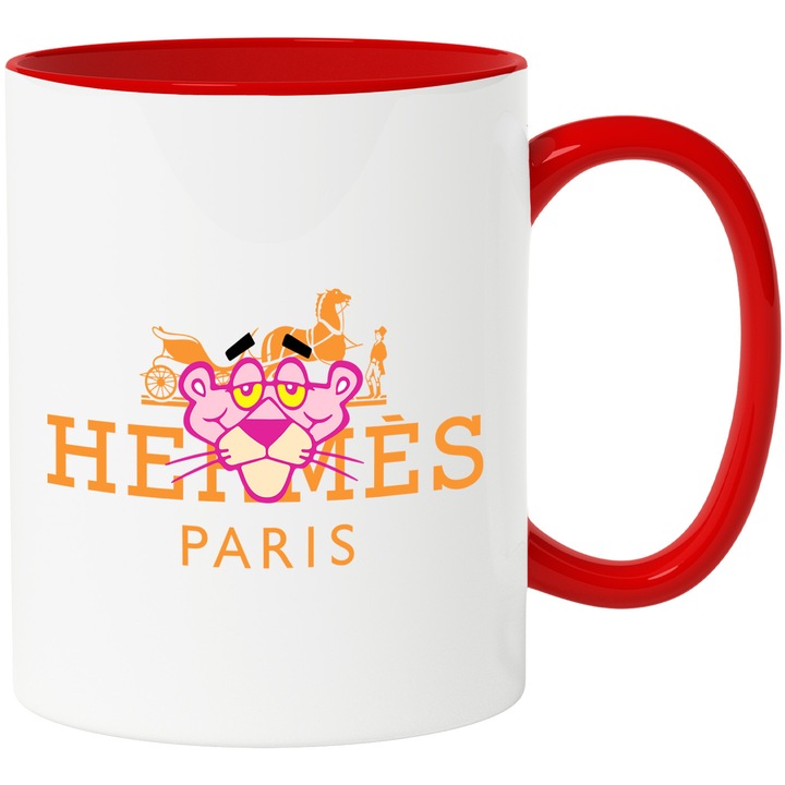 Cana Cu Pantera Roz, Cu Textul "Hermes Paris" - Design 4, Ceramica, 330ML, Cu Maner si Interior Rosu