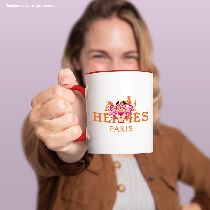 Cana Cu Pantera Roz, Cu Textul "Hermes Paris" - Design 4, Ceramica, 330ML, Cu Maner si Interior Rosu