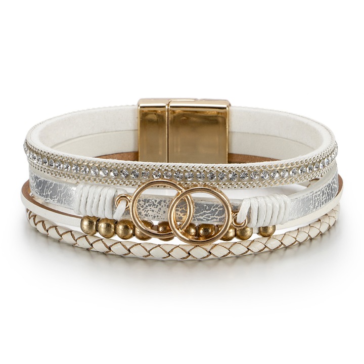 Bratara dama boho, 4 benzi, alb, 19,5 cm