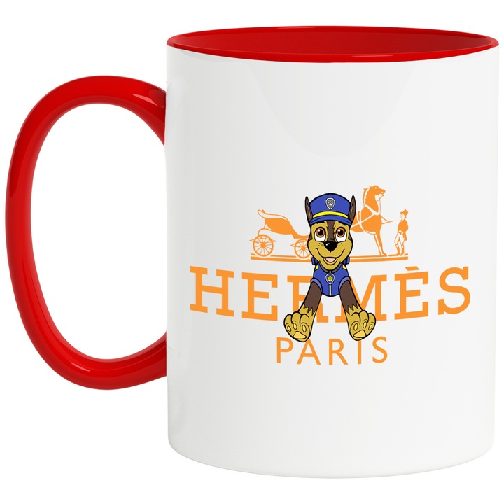 Cana Cu Patrula Catelusilor (), Cu Textul "png Hermes Paris" - Design 2, Ceramica, 330ML, Cu Maner si Interior Rosu
