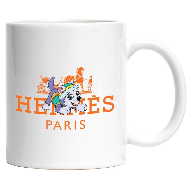 Cana Cu Patrula Catelusilor (), Cu Textul "png Hermes Paris" - Design 3, Ceramica, 330ML, Cu Maner si Interior Alb