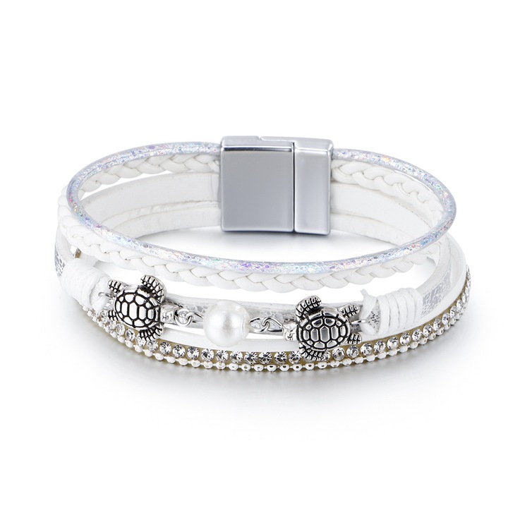 Bratara etnica pentru femei, cu perla si broaste testoase, alba, 19 cm, set de 4 curele