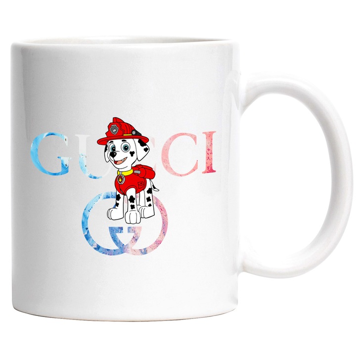 Cana Cu Patrula Catelusilor (), Cu Textul "png Gucci" - Design 5, Ceramica, 330ML, Cu Maner si Interior Alb