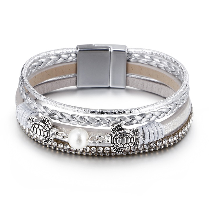 Bratara etnica pentru femei cu perla si broaste testoase, argintie, 19,5 cm, set de 4 curele