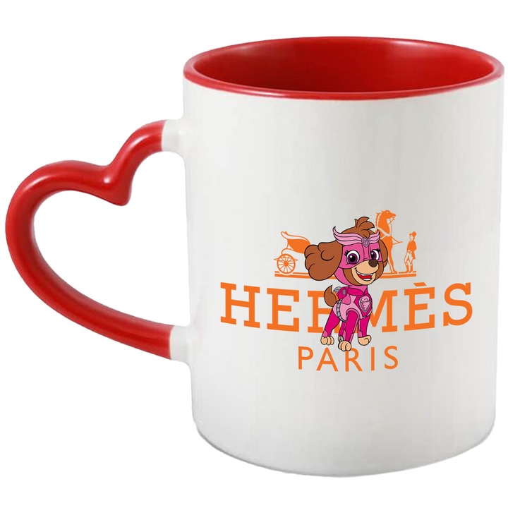 Cana Cu Patrula Catelusilor (), Cu Textul "png Hermes Paris" - Design 8, Ceramica, 330ML, Cu Maner Inima Rosie si Interior Rosu