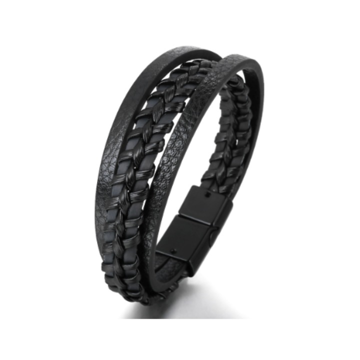 Bratara barbati din piele neagra etnica cu 4 linii, inchidere magnetica, 21cm