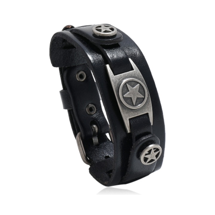 Bratara din piele neagra unisex cu stele metalice, stil punk-rock, 28-29cm