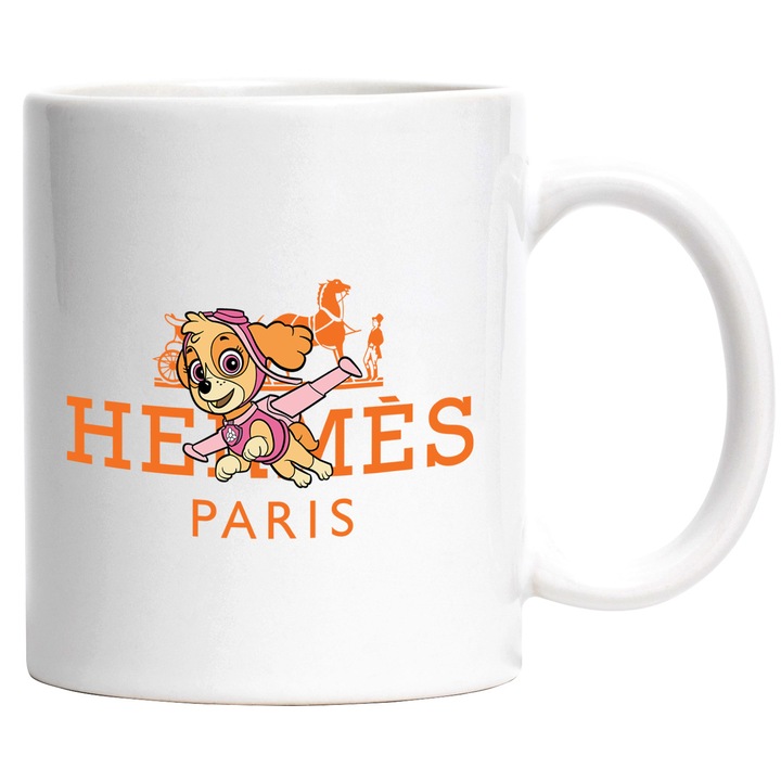 Cana Cu Patrula Catelusilor (), Cu Textul "png Hermes Paris" - Design 12, Ceramica, 330ML, Cu Maner si Interior Alb