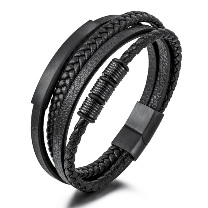 Bratara din piele neagra impletita cu detalii din inox, 21cm