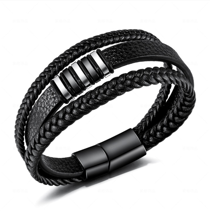 Bratara din piele naturala neagra cu accente metalice, design multistrat, 21cm