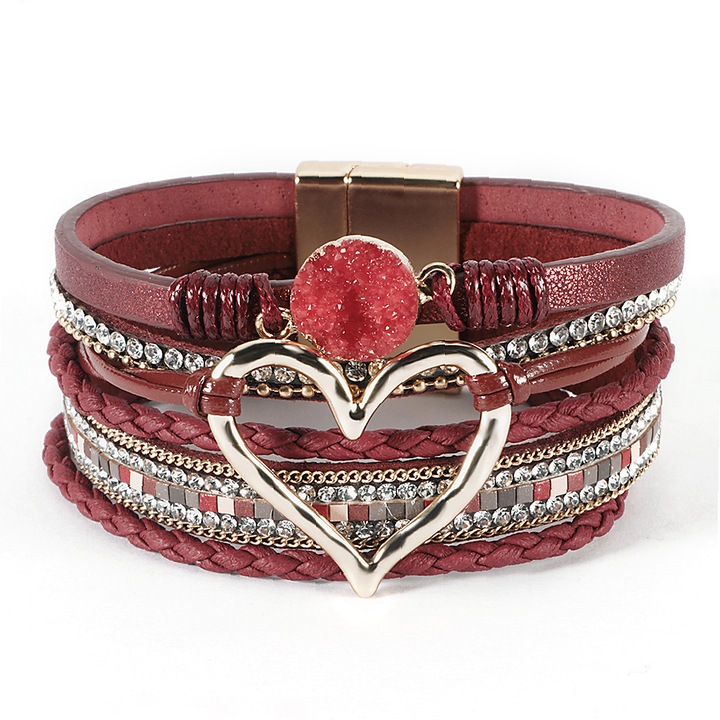 Bratara din piele rosie cu inima, stil boho, 19,5cm