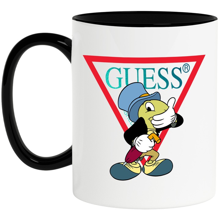 Cana Cu Pinocchio, Cu Textul "Guess" - Design 6, Ceramica, 330ML, Cu Maner si Interior Negru