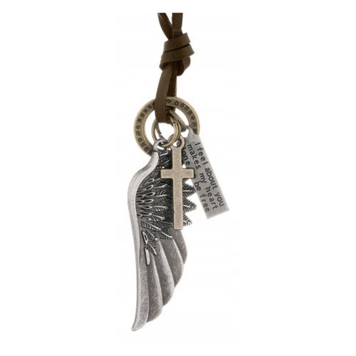 Colier barbati din piele cu pandantiv aripa argintie, 50-70cm, stil casual, vintage, boho