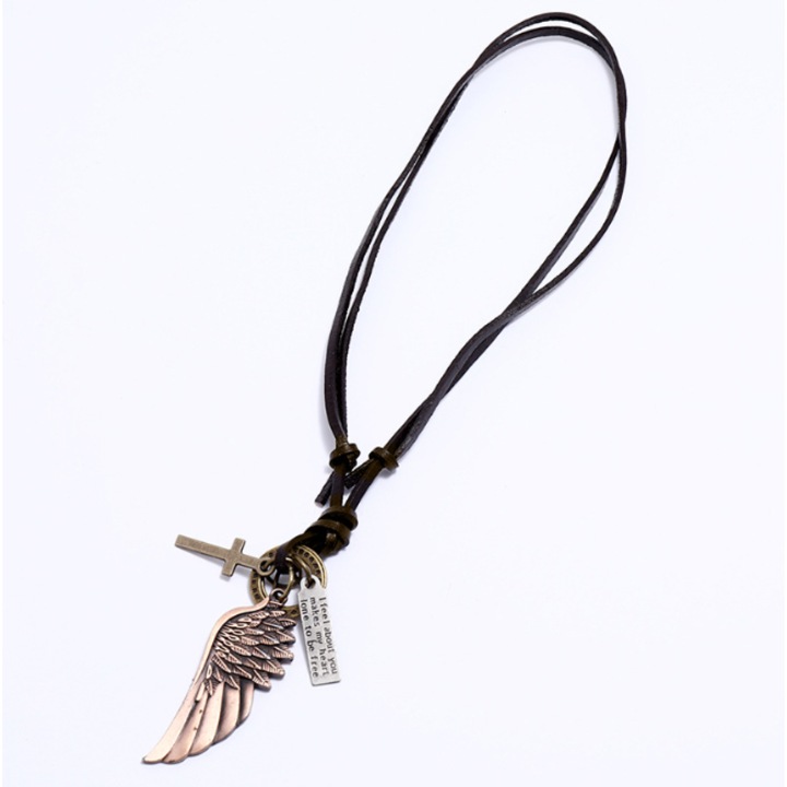 Colier barbati, brau din piele naturala, pandantiv aripa mied, 50-70cm
